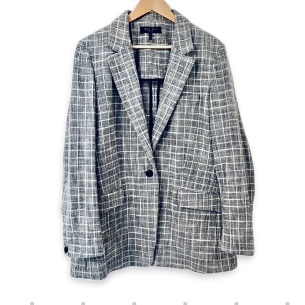 Rag & Bone Ames Blazer Jacket Textured Gray Checked Plaid Cotton Preppy Size 14
